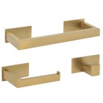 VALAZ Accesorios de baño adhesivos pegados sin taladro oro mate con protección PVD cuadrados Toallero 30cm+ Percha+ Portarollos - 3Perchas